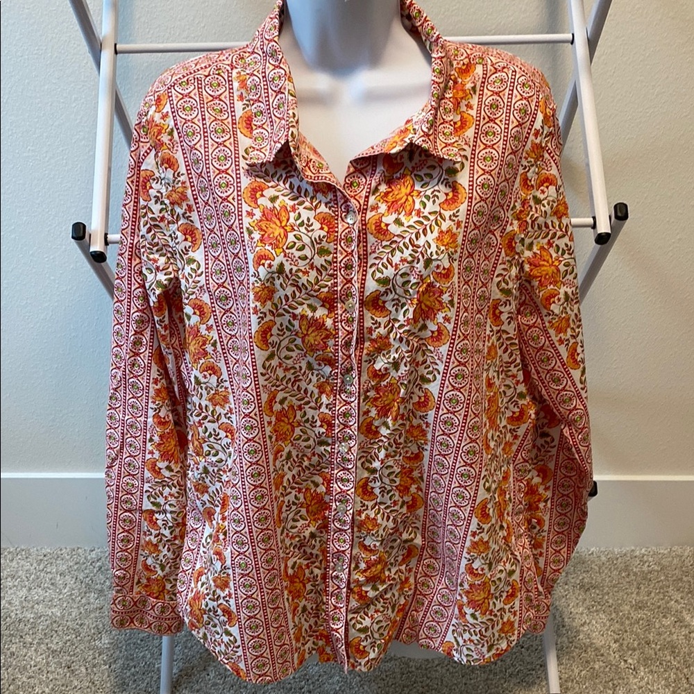 Lucky Brand Red and Orange Floral Button Down Shirt Large